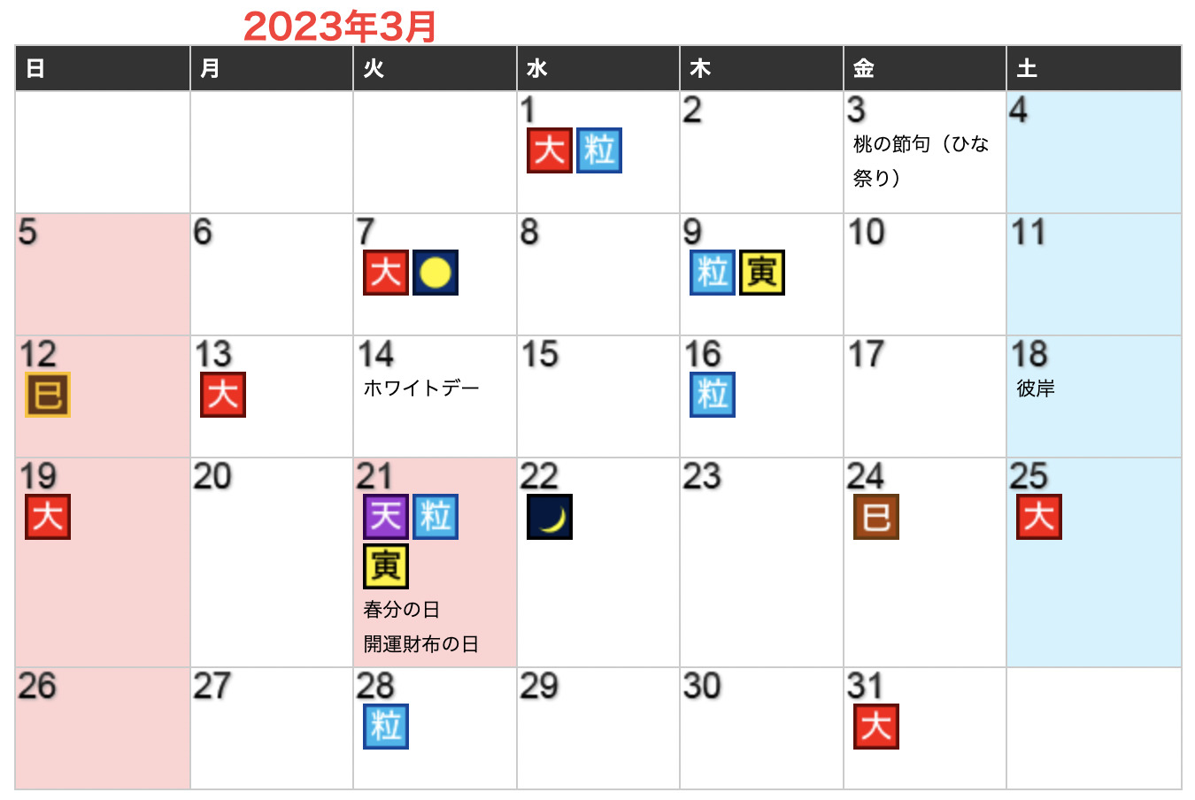 2023年03月開運日カレンダー